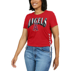 Los Angeles Angels WEAR by Erin Andrews Women's Side Lace-Up Cropped T-Shirt Lifestyle