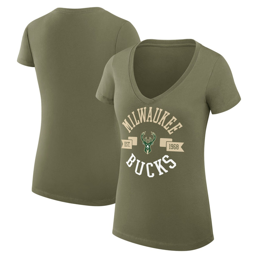NBA - Milwaukee Bucks G-III 4Her by Carl Banks Women's Super-Slim Fit Lightweight Large City Logo V-Neck T-Shirt - Olive