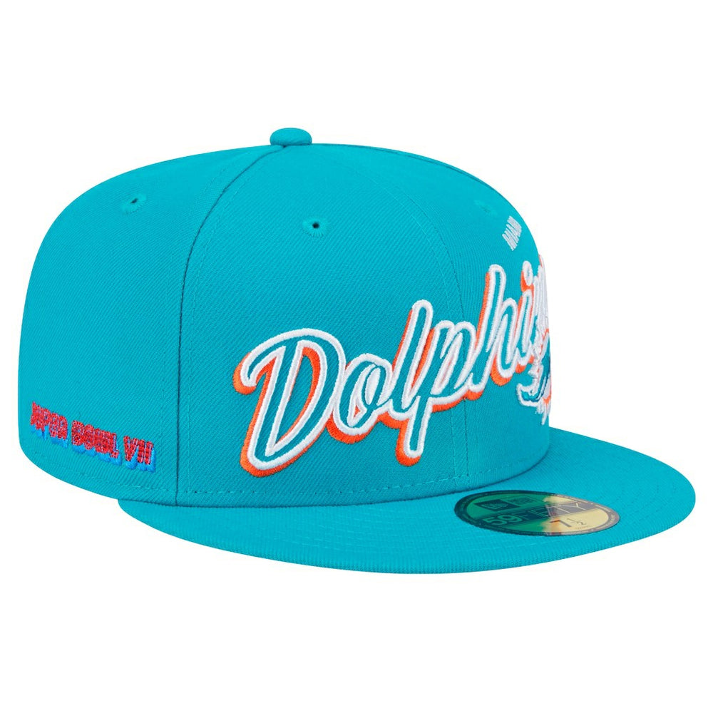 Miami Dolphins New Era Script Sided 59FIFTY Fitted Hat Aqua - NFL