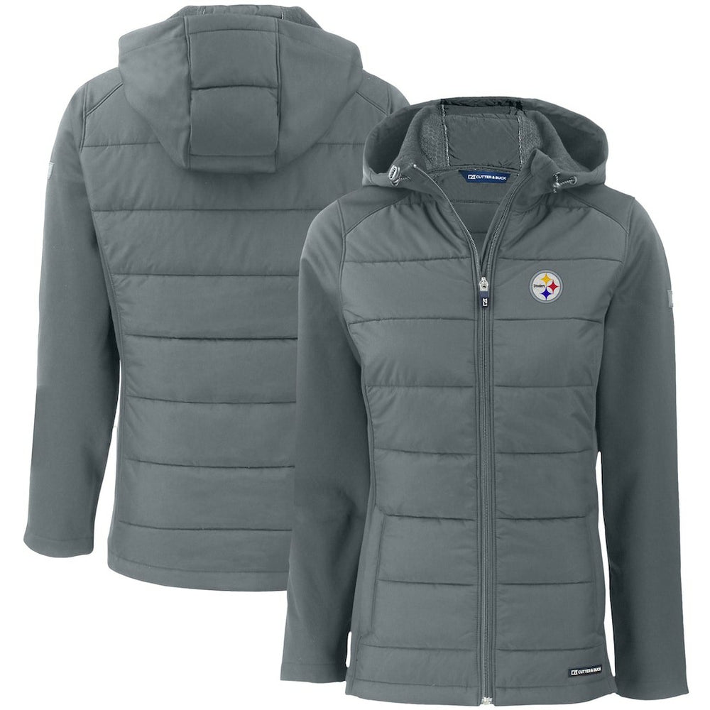 Pittsburgh Steelers Cutter & Buck Women's Evoke PrimaLoft Hybrid Eco Softshell Recycled Full-Zip Hooded Jacket Gray - NFL