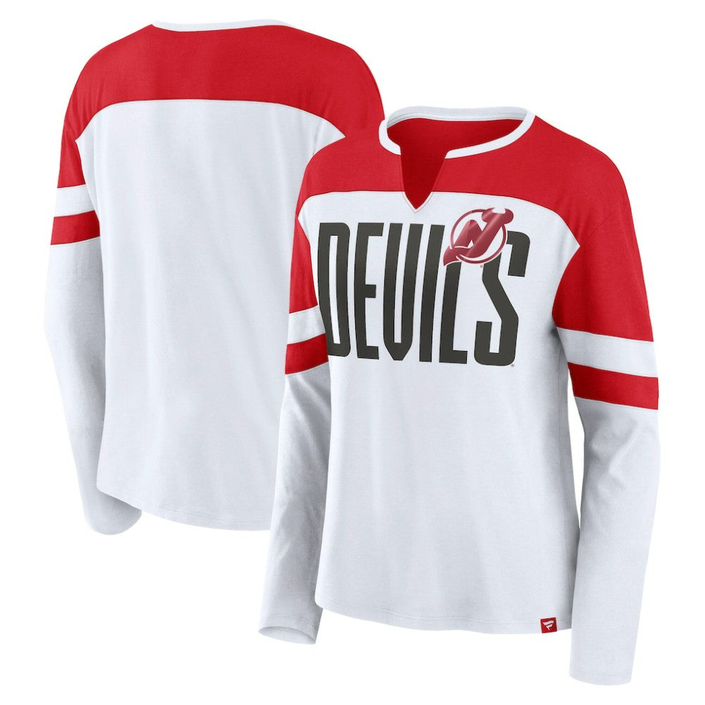 New Jersey Devils - Fanatics Women's Frozen Long Sleeve Notch Neck T-Shirt White/Red