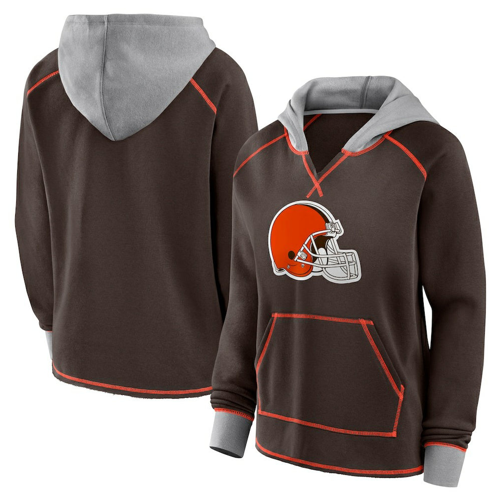Cleveland Browns Logo Athletic Women's Boom Fleece Pullover V-Neck Hoodie Brown - NFL