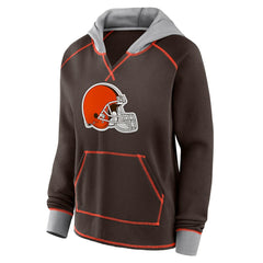 Cleveland Browns Logo Athletic Women's Boom Fleece Pullover V-Neck Hoodie Brown - NFL