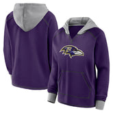 Baltimore Ravens Logo Athletic Women's Boom Fleece Pullover V-Neck Hoodie Purple - NFL
