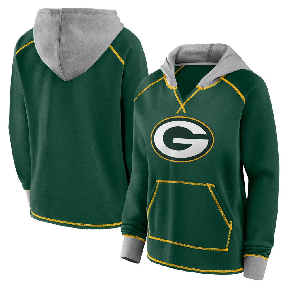 Green Bay Packers Logo Athletic Women's Boom Fleece Pullover V-Neck Hoodie Green - NFL