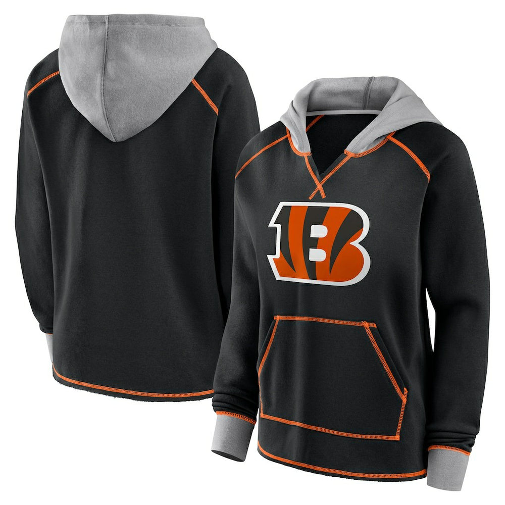 Cincinnati Bengals Logo Athletic Women's Boom Fleece Pullover V-Neck Hoodie Black - NFL