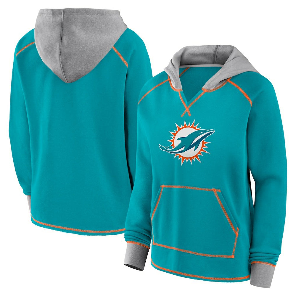 Miami Dolphins Logo Athletic Women's Boom Fleece Pullover V-Neck Hoodie Aqua - NFL