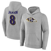 Lamar Jackson Baltimore Ravens Icon Player Name & Number Pullover Hoodie Gray - NFL