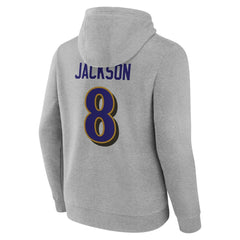 Lamar Jackson Baltimore Ravens Icon Player Name & Number Pullover Hoodie Gray - NFL
