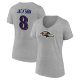 Lamar Jackson Baltimore Ravens Women's Icon Player Name & Number V-Neck T-Shirt Gray - NFL