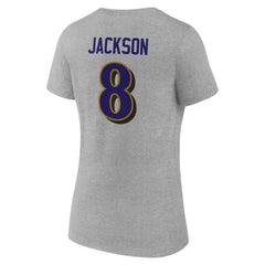 Lamar Jackson Baltimore Ravens Women's Icon Player Name & Number V-Neck T-Shirt Gray - NFL