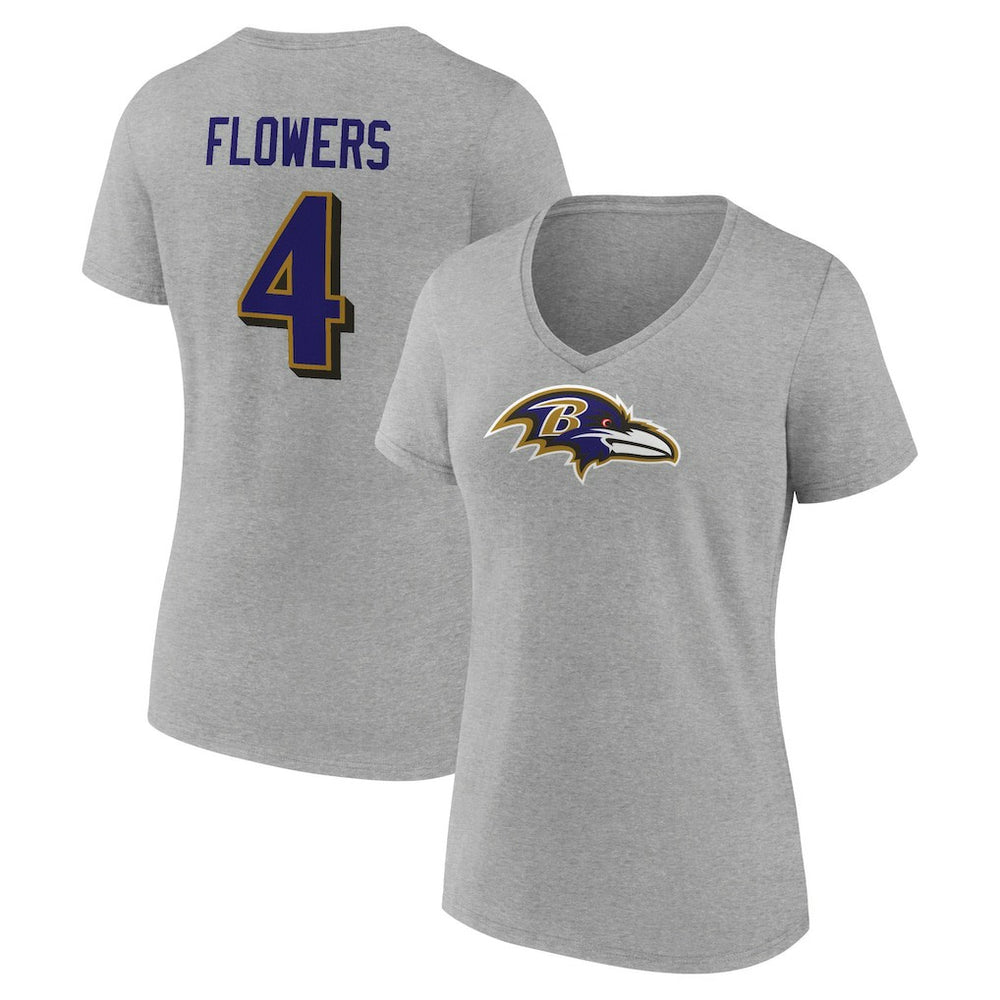 Zay Flowers Baltimore Ravens Women's Icon Player Name & Number V-Neck T-Shirt Gray - NFL