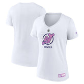 New Jersey Devils - Fanatics Women's 2024 Hockey Fights Cancer V-Neck T-Shirt White