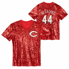 Elly De La Cruz Cincinnati Reds Juniors Name & Number Sequin V-Neck Top Lifestyle
