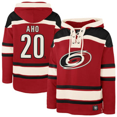 Sebastian Aho Carolina Hurricanes - '47 Player Name & Number Lacer Pullover Hoodie Red