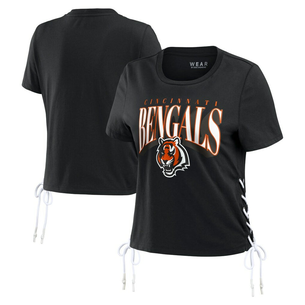Cincinnati Bengals WEAR by Erin Andrews Women's Lace Up Side Modest Cropped T-Shirt Black - NFL