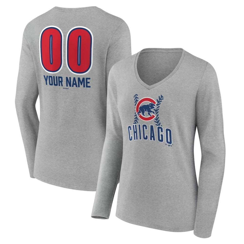 Chicago Cubs Women's Personalized Name & Number Fastball Long Sleeve V-Neck T-Shirt On Sale