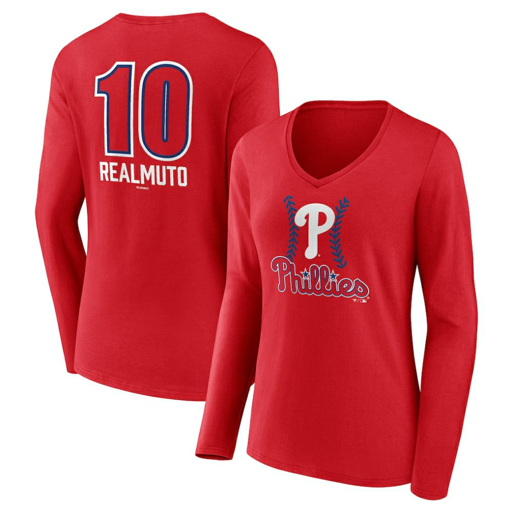 J.T. Realmuto Philadelphia Phillies Women's Fastball Player Name & Number Long Sleeve V-Neck T-Shirt Near Me