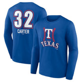 Evan Carter Texas Rangers Fastball Player Name & Number Long Sleeve T-Shirt Clearance