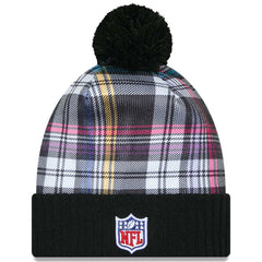 New York Jets New Era Youth 2024 NFL Crucial Catch Plaid Cuffed Pom Knit Hat Black - NFL