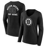 Boston Bruins Women's Personalized Name & Number Monochrome Long Sleeve V-Neck T-Shirt Black