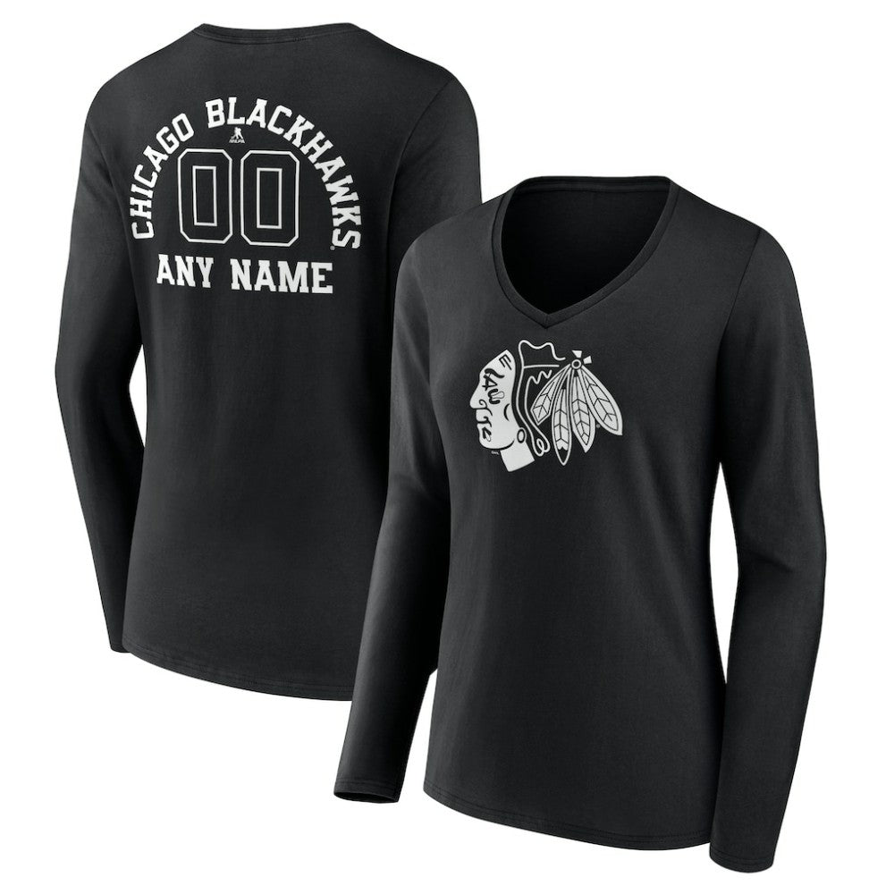 Chicago Blackhawks Women's Personalized Name & Number Monochrome Long Sleeve V-Neck T-Shirt Black
