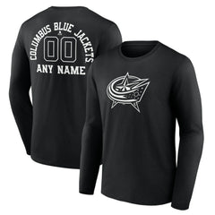 Columbus Blue Jackets - Personalized Name & Number Monochrome Long Sleeve T-Shirt Black
