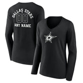 Dallas Stars - Women's Personalized Name & Number Monochrome Long Sleeve V-Neck T-Shirt Black