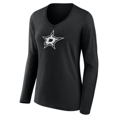 Dallas Stars - Women's Personalized Name & Number Monochrome Long Sleeve V-Neck T-Shirt Black