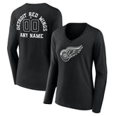 Detroit Red Wings - Women's Personalized Name & Number Monochrome Long Sleeve V-Neck T-Shirt Black