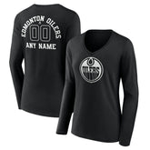 Edmonton Oilers - Women's Personalized Name & Number Monochrome Long Sleeve V-Neck T-Shirt Black