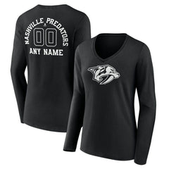 Nashville Predators - Women's Personalized Name & Number Monochrome Long Sleeve V-Neck T-Shirt Black