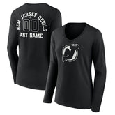 New Jersey Devils - Women's Personalized Name & Number Monochrome Long Sleeve V-Neck T-Shirt Black