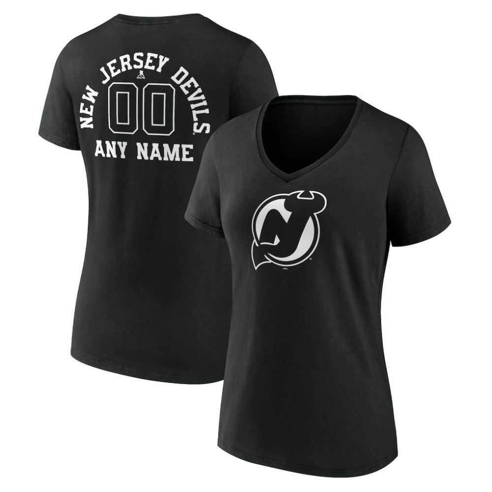 New Jersey Devils - Women's Personalized Name & Number Monochrome V-Neck T-Shirt Black