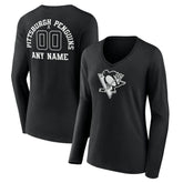 Pittsburgh Penguins Women's Personalized Name & Number Monochrome Long Sleeve V-Neck T-Shirt Black