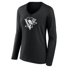 Pittsburgh Penguins Women's Personalized Name & Number Monochrome Long Sleeve V-Neck T-Shirt Black