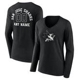 San Jose Sharks - Women's Personalized Name & Number Monochrome Long Sleeve V-Neck T-Shirt Black