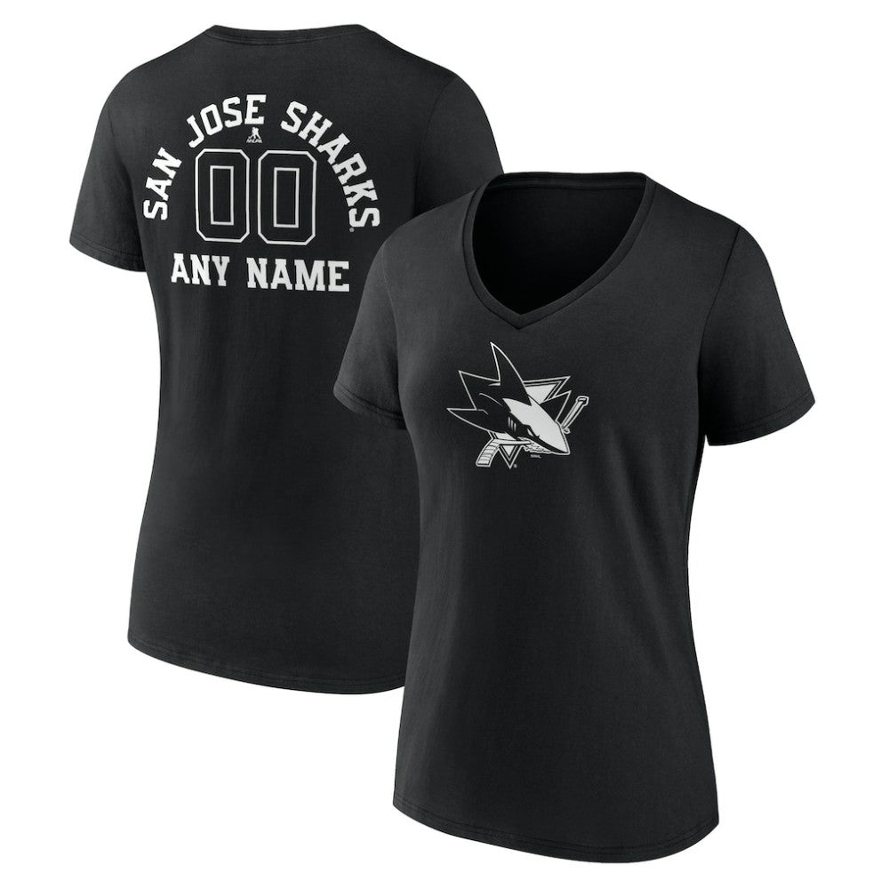 San Jose Sharks - Women's Personalized Name & Number Monochrome V-Neck T-Shirt Black