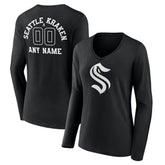 Seattle Kraken Women's Personalized Name & Number Monochrome Long Sleeve V-Neck T-Shirt Black