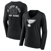 St. Louis Blues - Women's Personalized Name & Number Monochrome Long Sleeve V-Neck T-Shirt Black