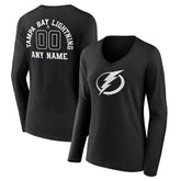 Tampa Bay Lightning - Women's Personalized Name & Number Monochrome Long Sleeve V-Neck T-Shirt Black
