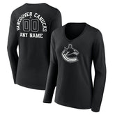 Vancouver Canucks - Women's Personalized Name & Number Monochrome Long Sleeve V-Neck T-Shirt Black