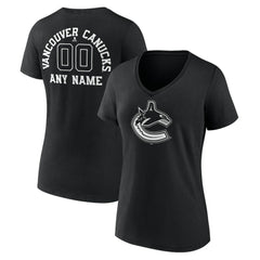 Vancouver Canucks - Women's Personalized Name & Number Monochrome V-Neck T-Shirt Black