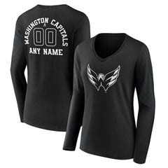 Washington Capitals Women's Personalized Name & Number Monochrome Long Sleeve V-Neck T-Shirt Black