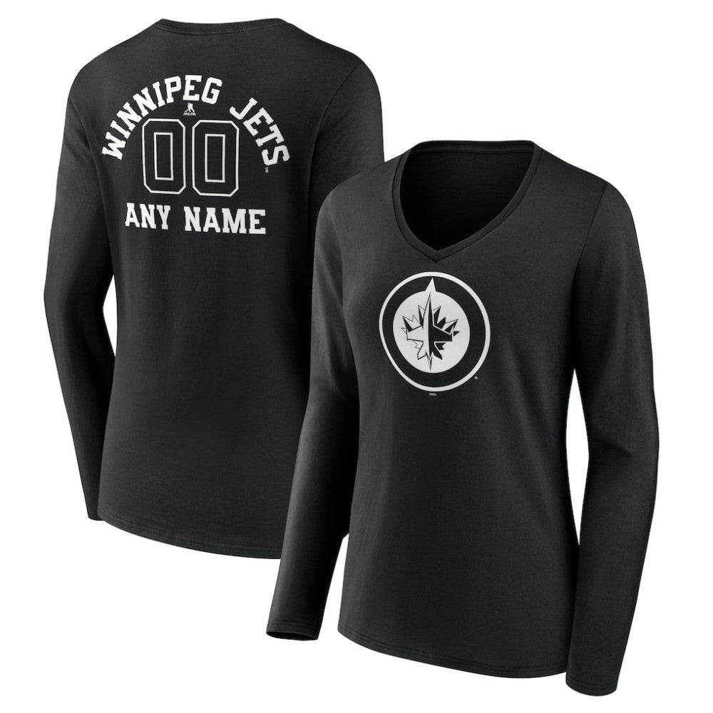 Winnipeg Jets - Women's Personalized Name & Number Monochrome Long Sleeve V-Neck T-Shirt Black