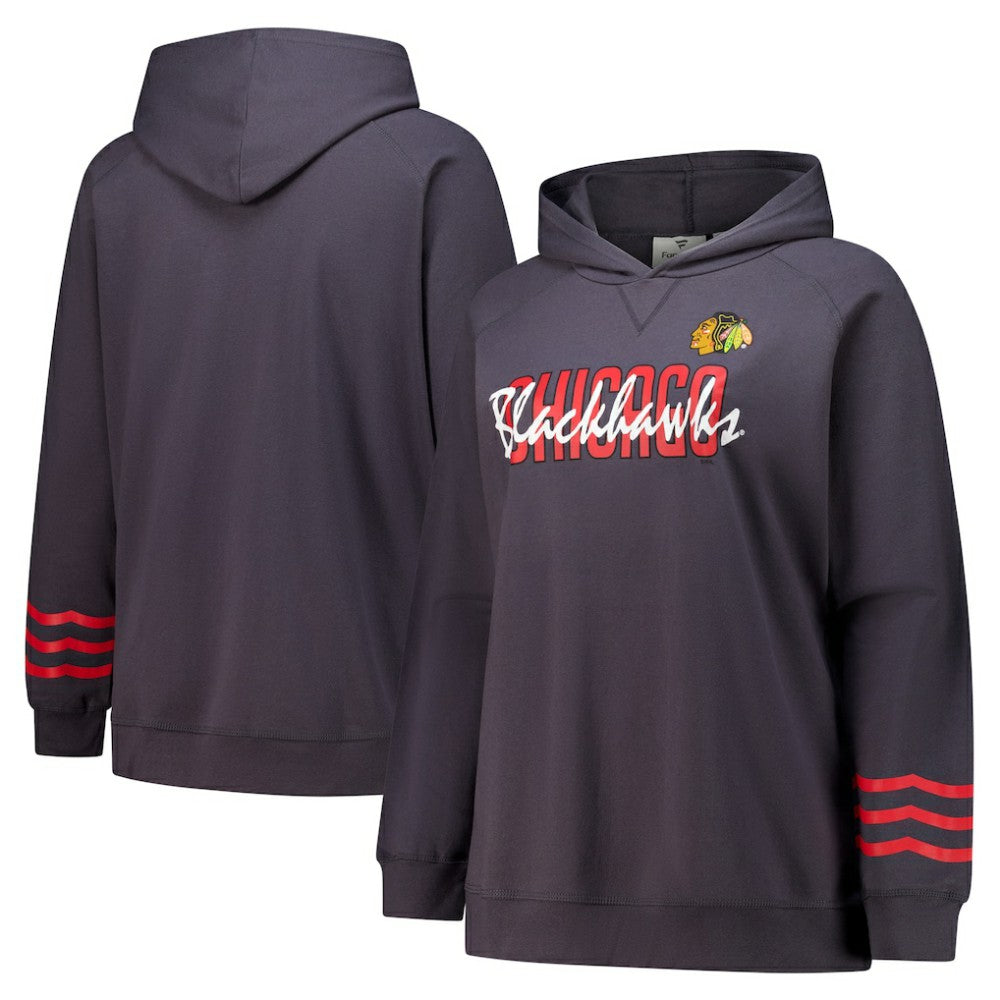Chicago Blackhawks Fanatics Women's Plus Size Lightweight Fleece Raglan Pullover Hoodie Charcoal