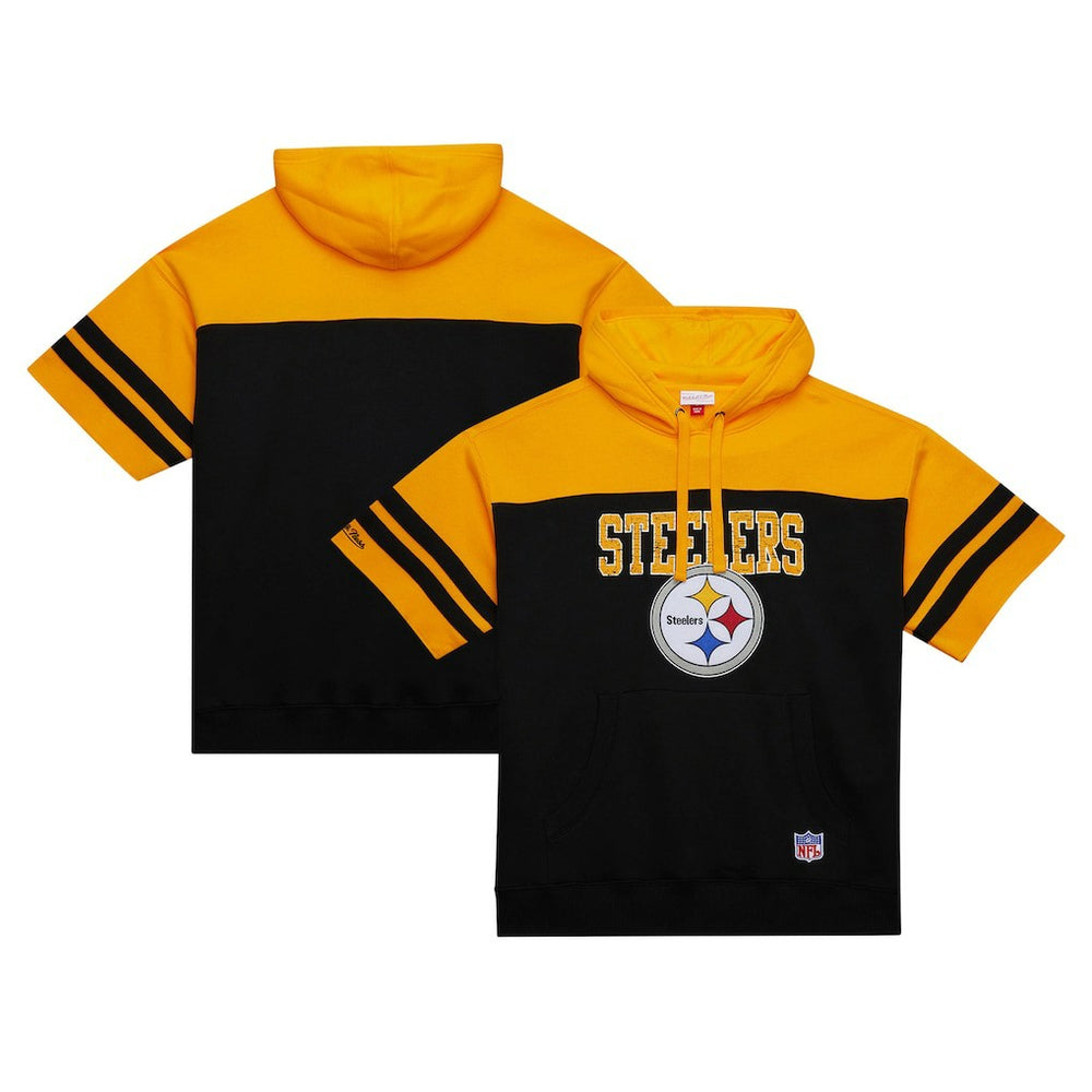 Pittsburgh Steelers Off Field Vintage Logo Short Sleeve Pullover Hoodie Black - Mitchell & Ness