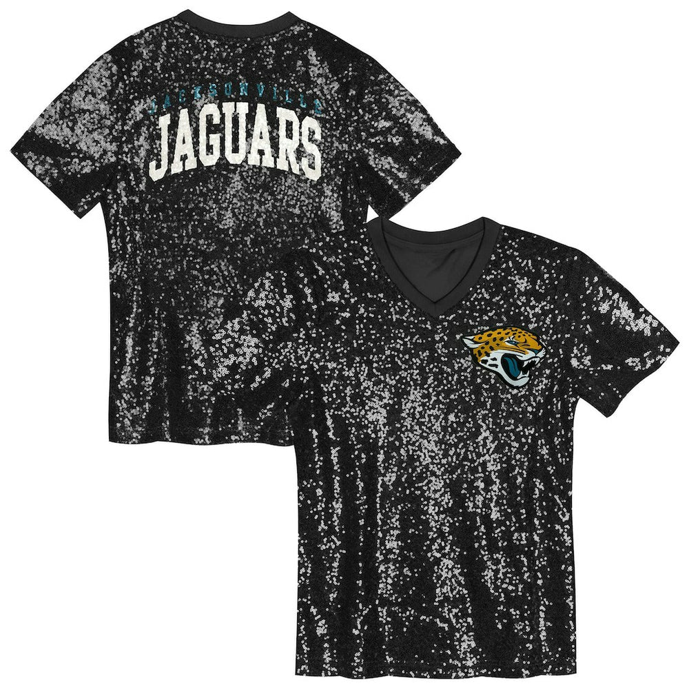 Jacksonville Jaguars Girls Youth Wordmark Sequin V-Neck Top Black - NFL
