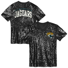Jacksonville Jaguars Girls Youth Wordmark Sequin V-Neck Top Black - NFL
