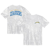 Los Angeles Chargers Girls Youth Wordmark Sequin V-Neck Top White - NFL